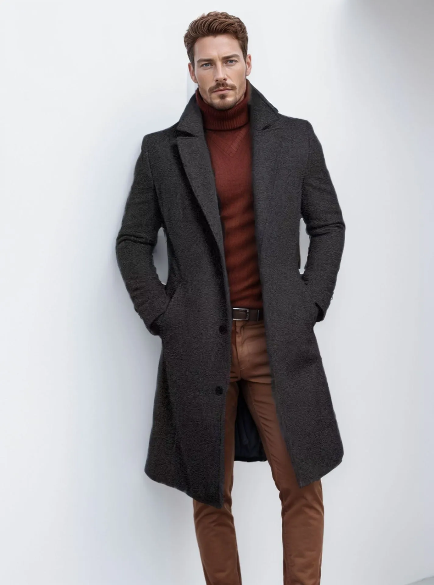 Men's mid-length solid colour woolen coat in black with side seam sidekick pockets