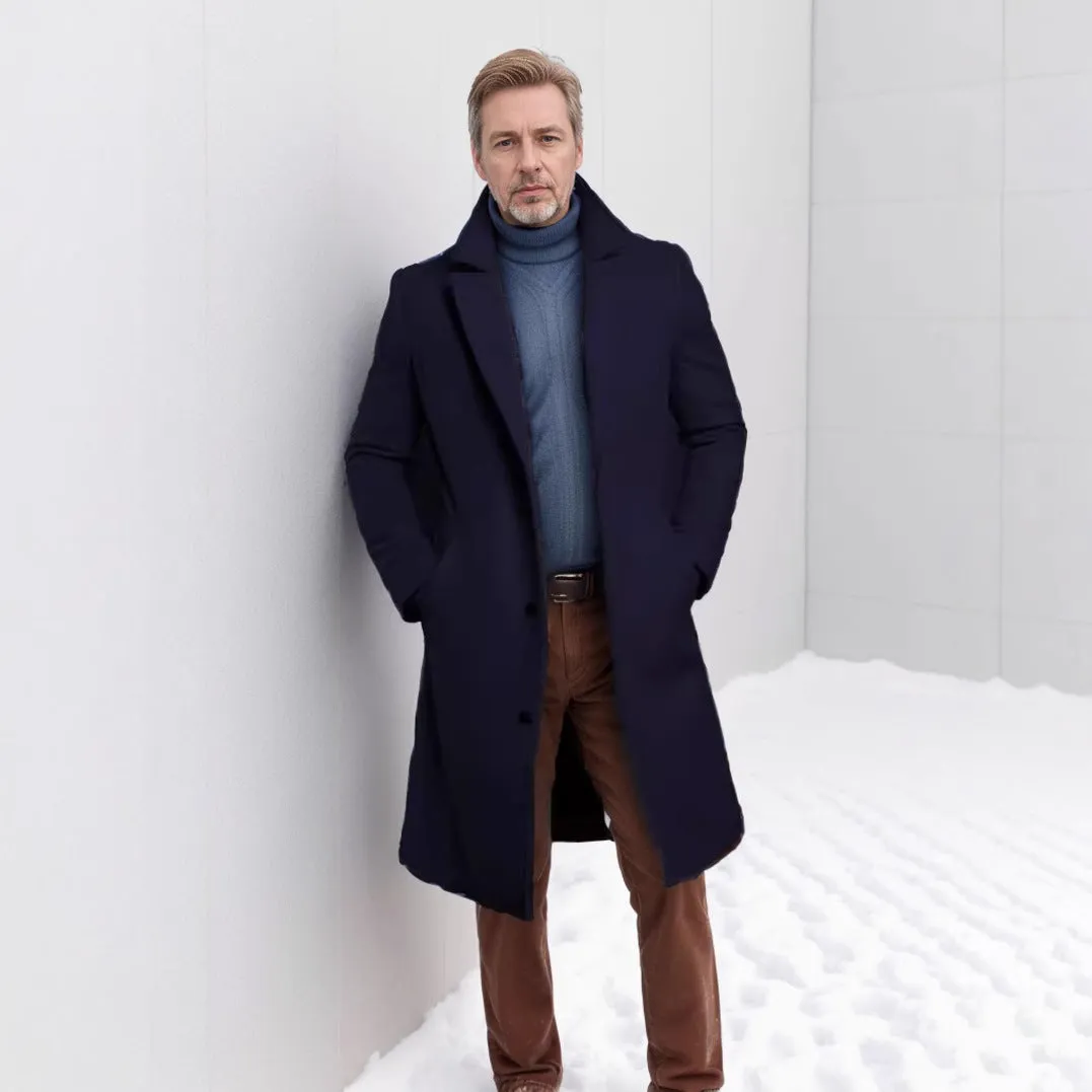 Men's mid-length solid colour woolen coat in black with side seam sidekick pockets