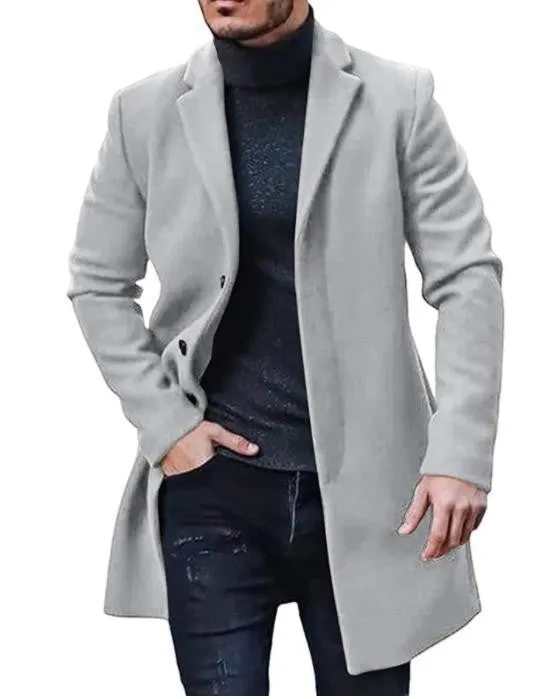 Men's mid-length solid colour woolen coat in black with side seam sidekick pockets