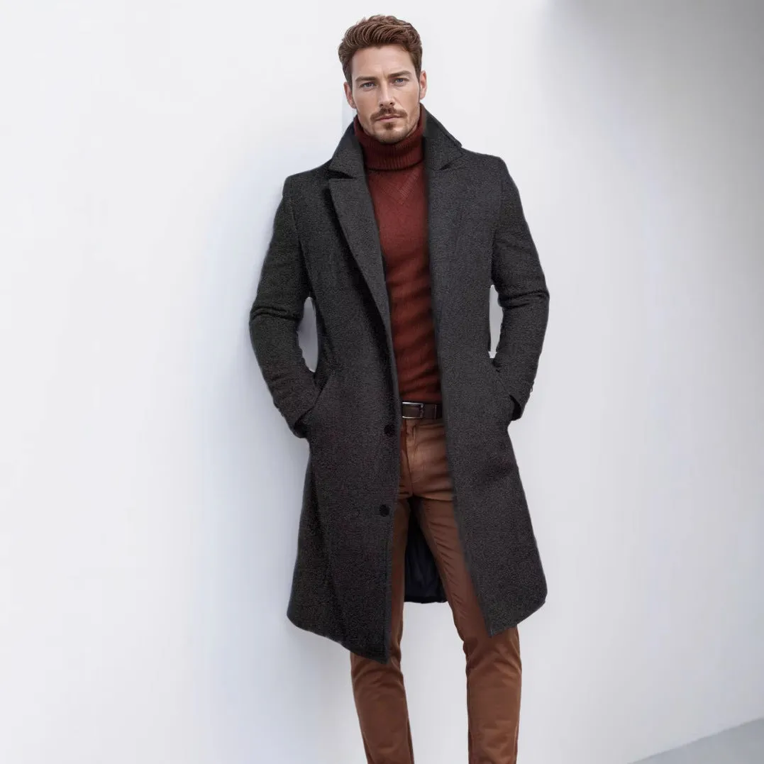 Men's mid-length solid colour woolen coat in black with side seam sidekick pockets