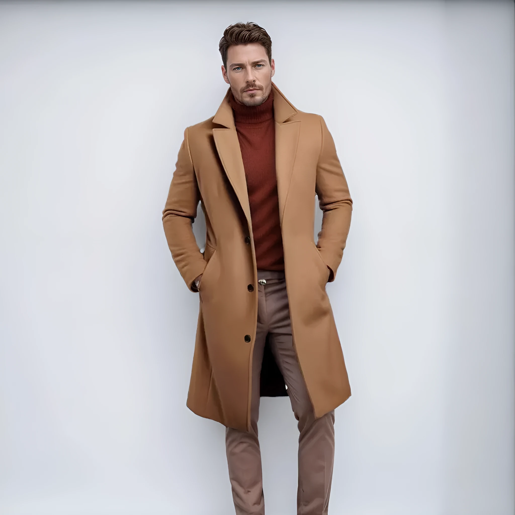 Men's mid-length solid colour woolen coat in black with side seam sidekick pockets
