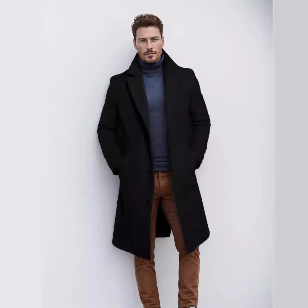 Men's mid-length solid colour woolen coat in black with side seam sidekick pockets