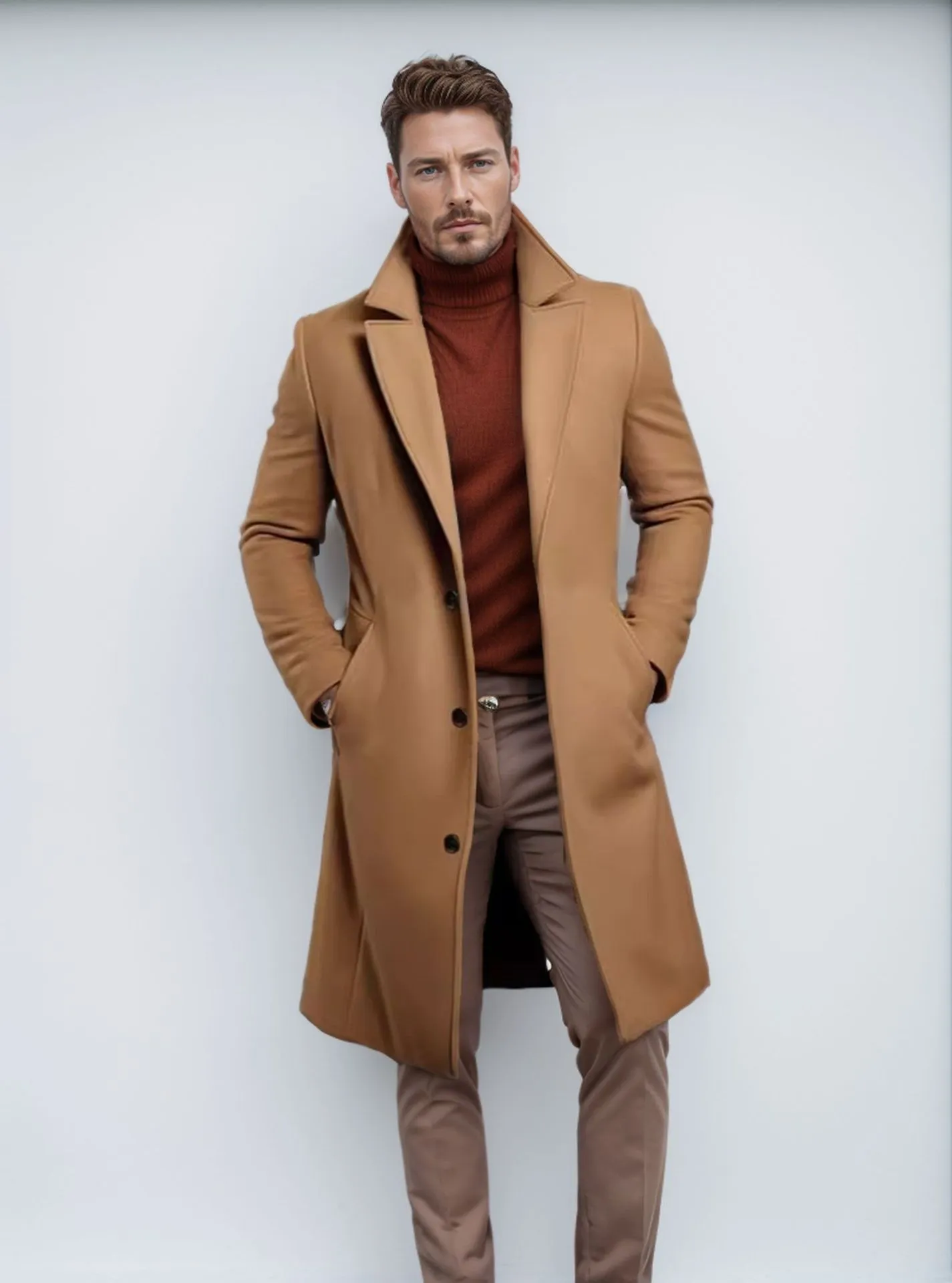 Men's mid-length solid colour woolen coat in black with side seam sidekick pockets