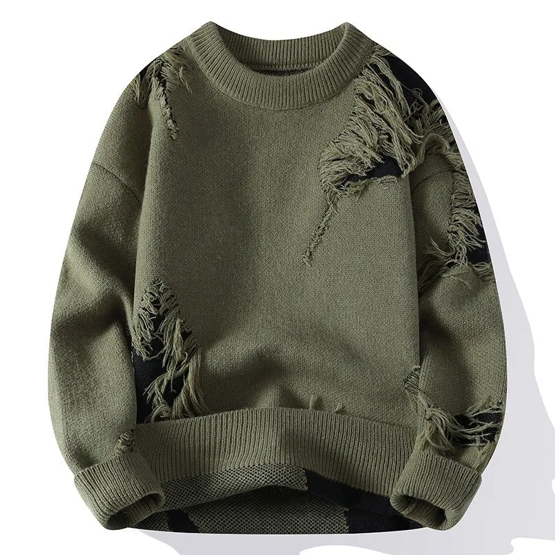 Fashion casual round neck loose men's sweater in black polyester knit, front view