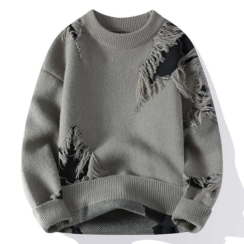 Fashion casual round neck loose men's sweater in black polyester knit, front view