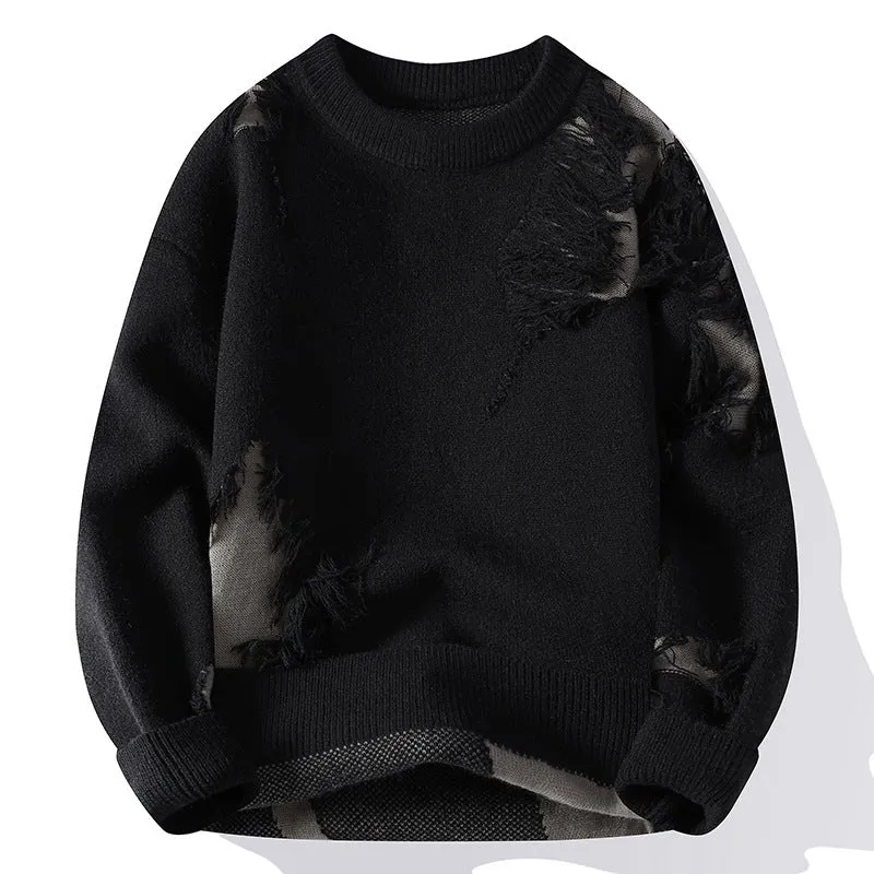 Fashion casual round neck loose men's sweater in black polyester knit, front view