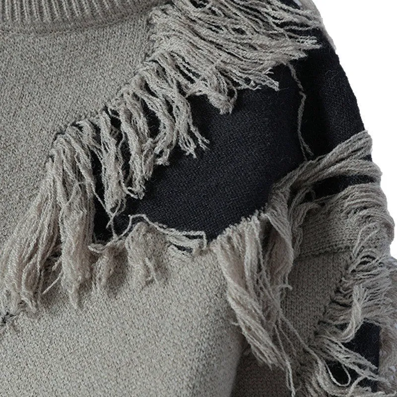 Fashion casual round neck loose men's sweater in black polyester knit, front view