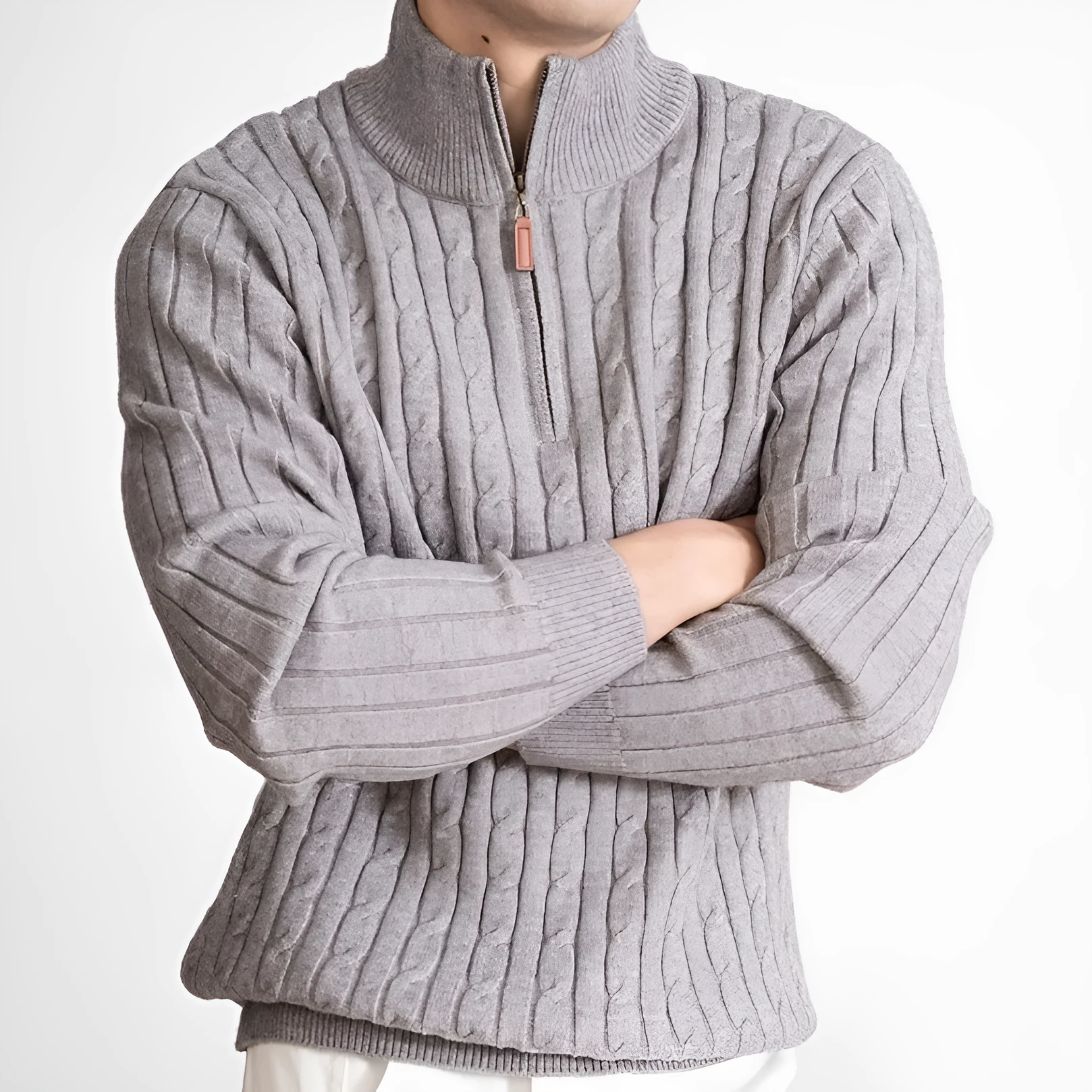 Men's solid colour half-height zip twisted sweater in oatmeal, long sleeves, cotton blend