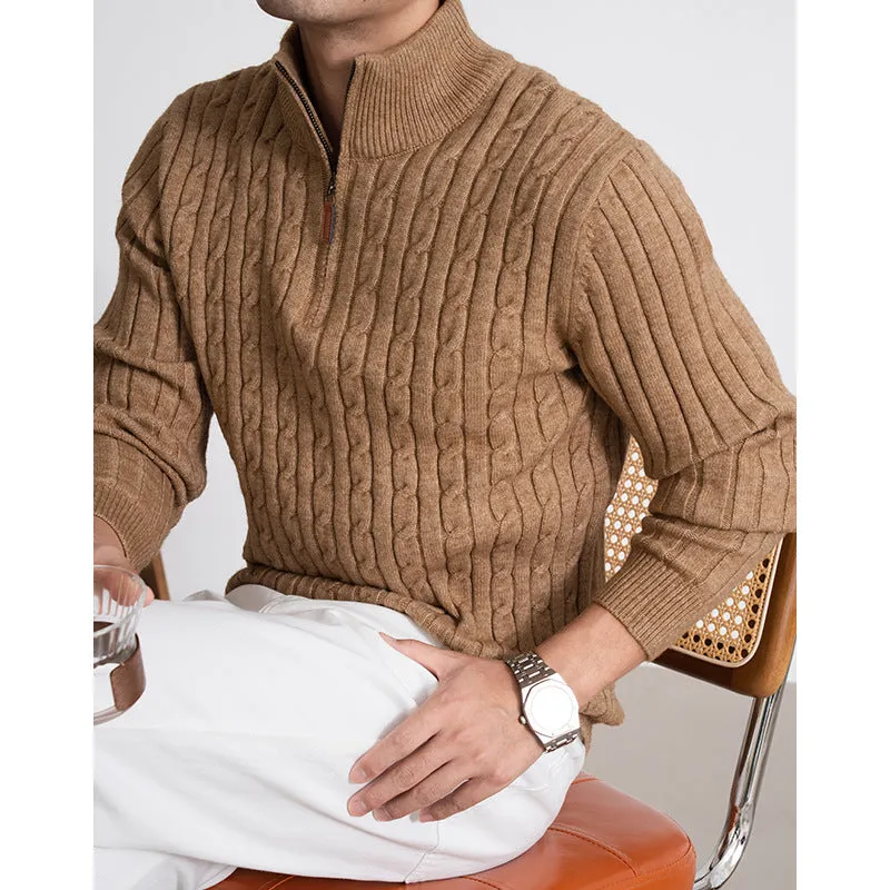 Men's solid colour half-height zip twisted sweater in oatmeal, long sleeves, cotton blend
