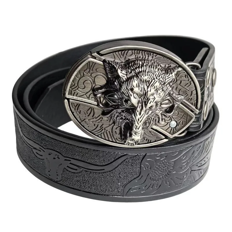 Men's casual all-match smooth buckle belt with black wolf head alloy buckle on imitation leather strap