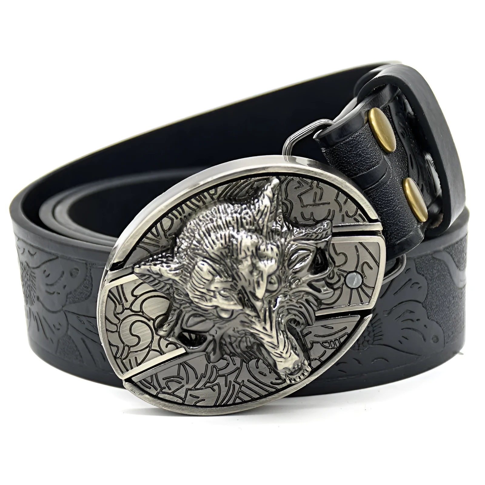 Men's casual all-match smooth buckle belt with black wolf head alloy buckle on imitation leather strap