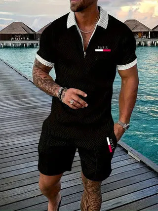 Men's casual retro plaid beach suit set with Paris heat transfer patch short sleeve T-shirt and shorts in multiple colours