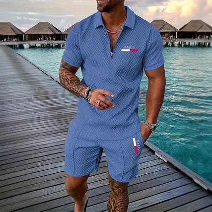 Men's casual retro plaid beach suit set with Paris heat transfer patch short sleeve T-shirt and shorts in multiple colours