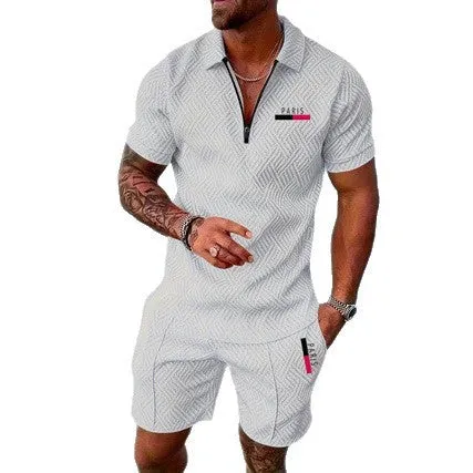 Men's casual retro plaid beach suit set with Paris heat transfer patch short sleeve T-shirt and shorts in multiple colours
