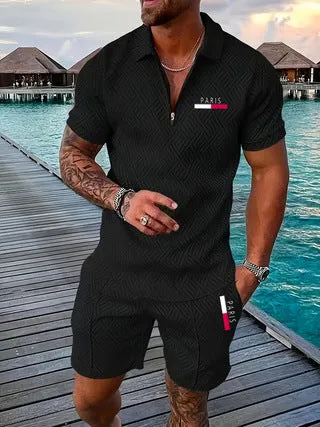 Men's casual retro plaid beach suit set with Paris heat transfer patch short sleeve T-shirt and shorts in multiple colours