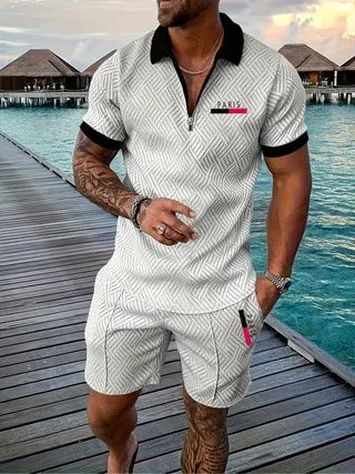 Men's casual retro plaid beach suit set with Paris heat transfer patch short sleeve T-shirt and shorts in multiple colours