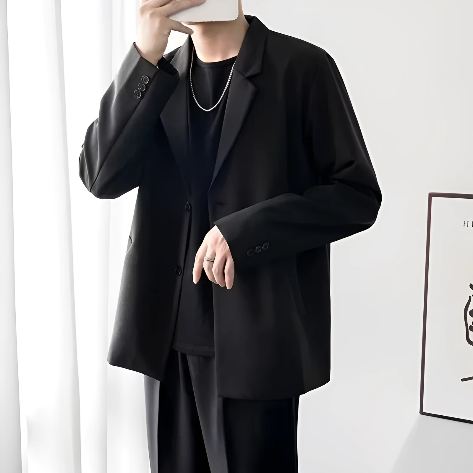 Casual loose corduroy men's jacket in black with semi-hemp lining, polyester fabric