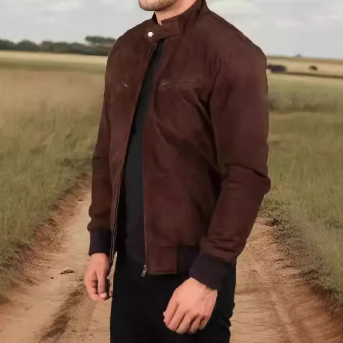 Vintage zipper suede jacket for mature men in brown, long sleeves, straight hem, size stick pockets