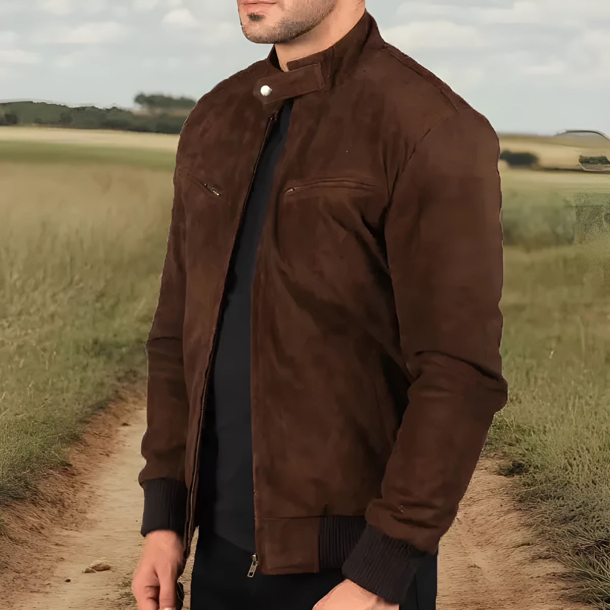 Vintage zipper suede jacket for mature men in brown, long sleeves, straight hem, size stick pockets