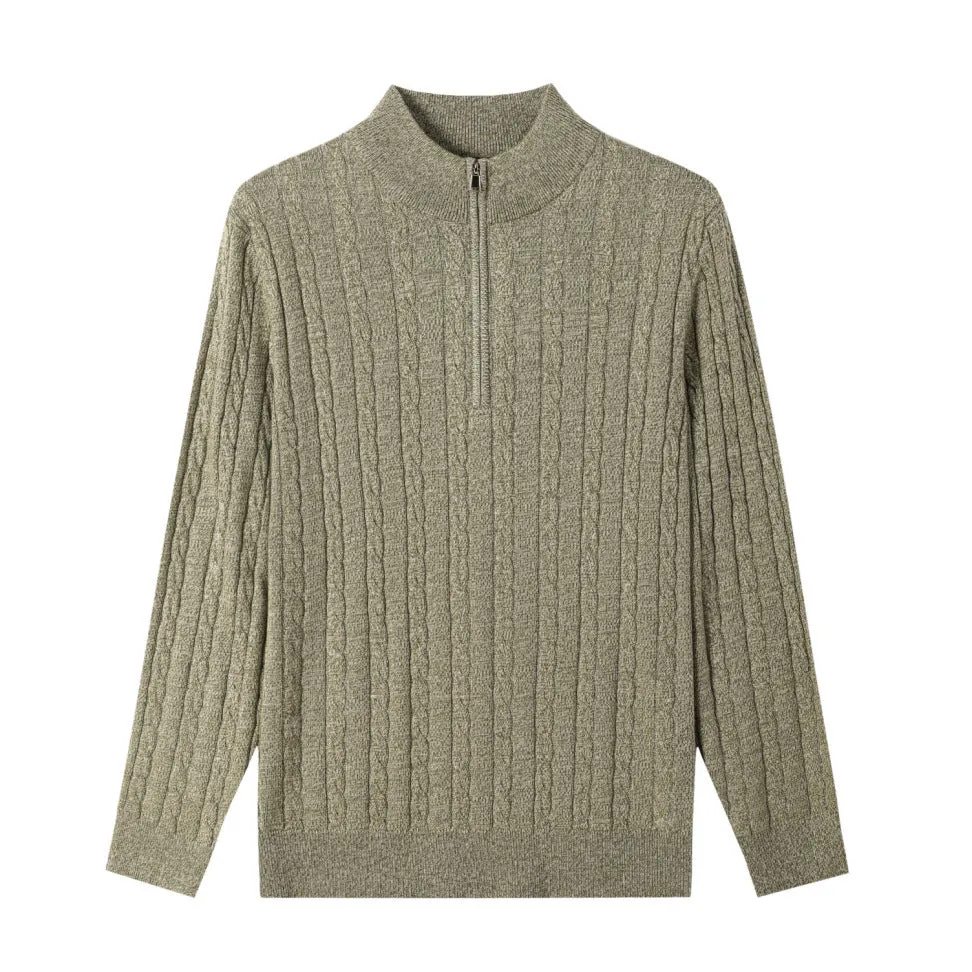 Men's casual wool blend zipper sweater in grass green with stand collar and twisted design