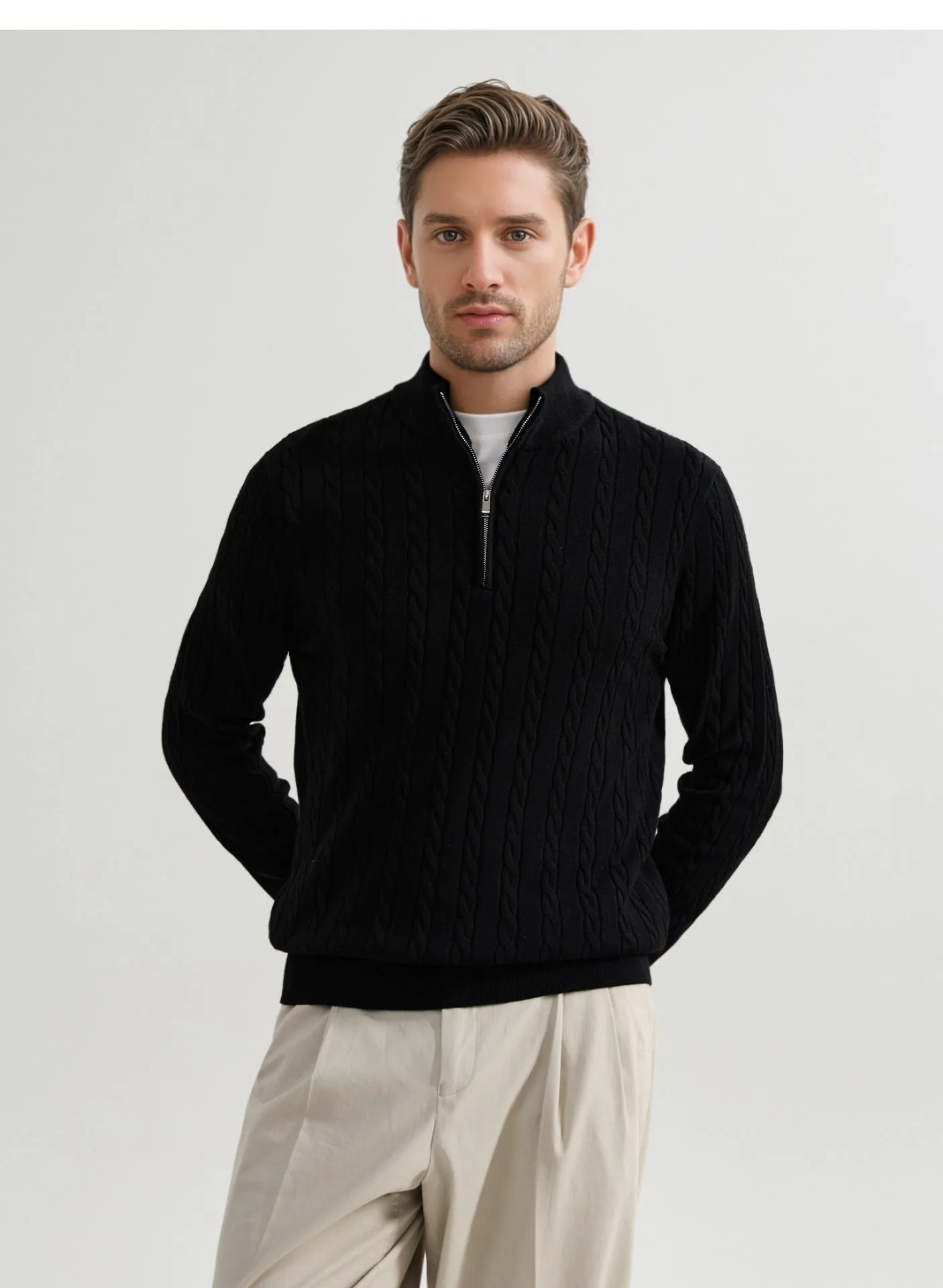 Men's casual wool blend zipper sweater in grass green with stand collar and twisted design
