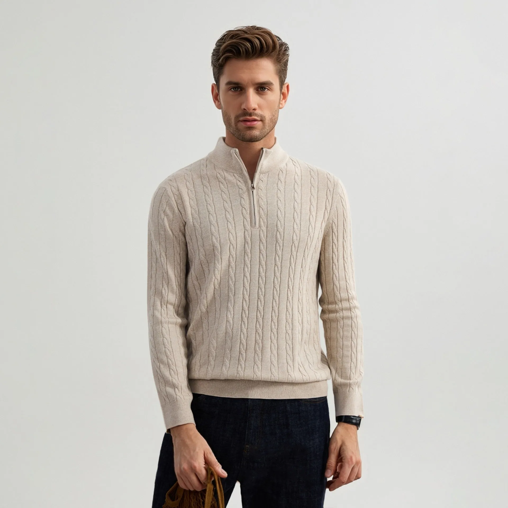Men's casual wool blend zipper sweater in grass green with stand collar and twisted design