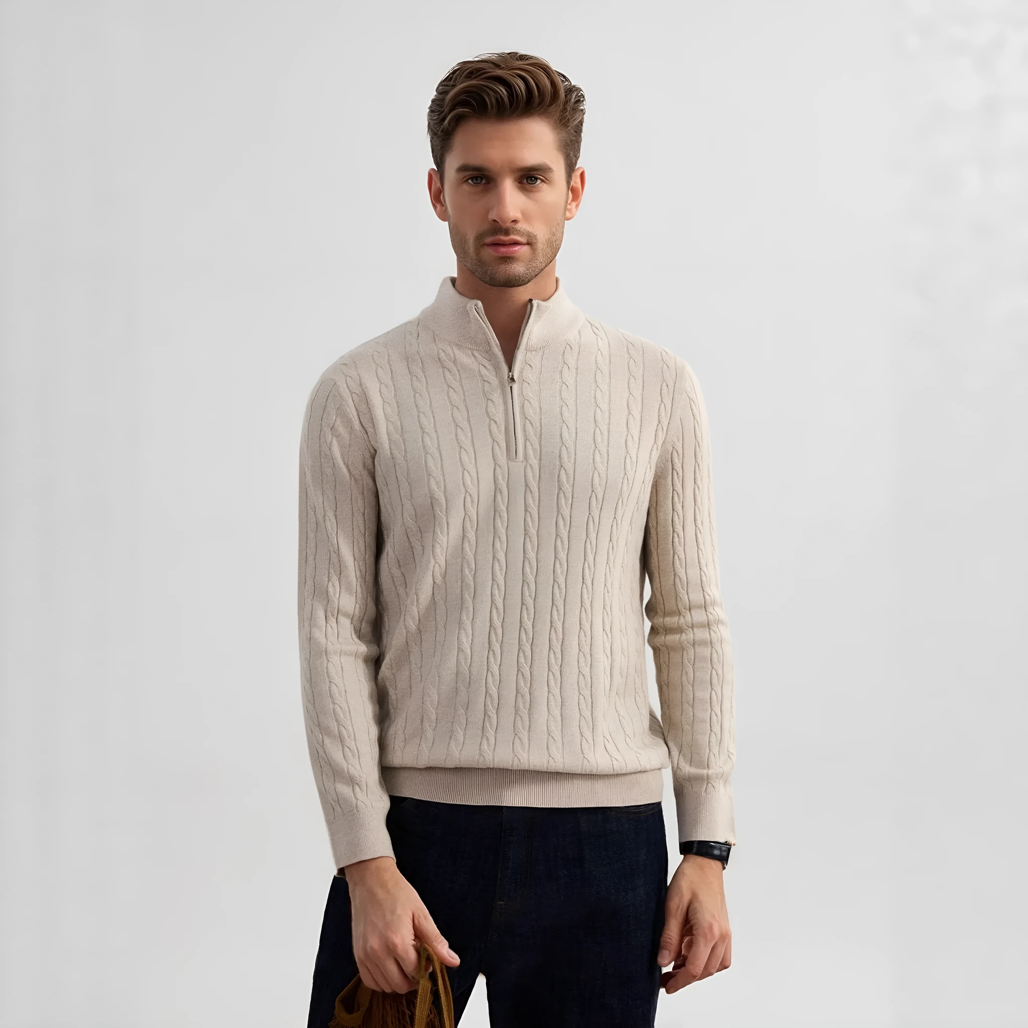 Men's casual wool blend zipper sweater in grass green with stand collar and twisted design