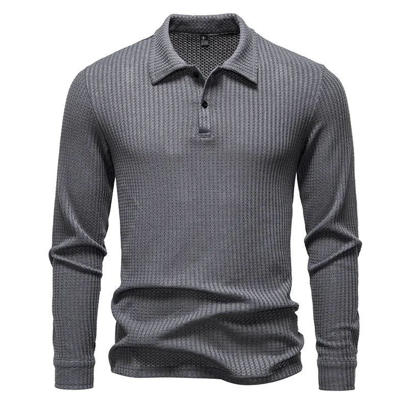 Men's waffle fabric long sleeve lapel t-shirt in black, straight fit pullover