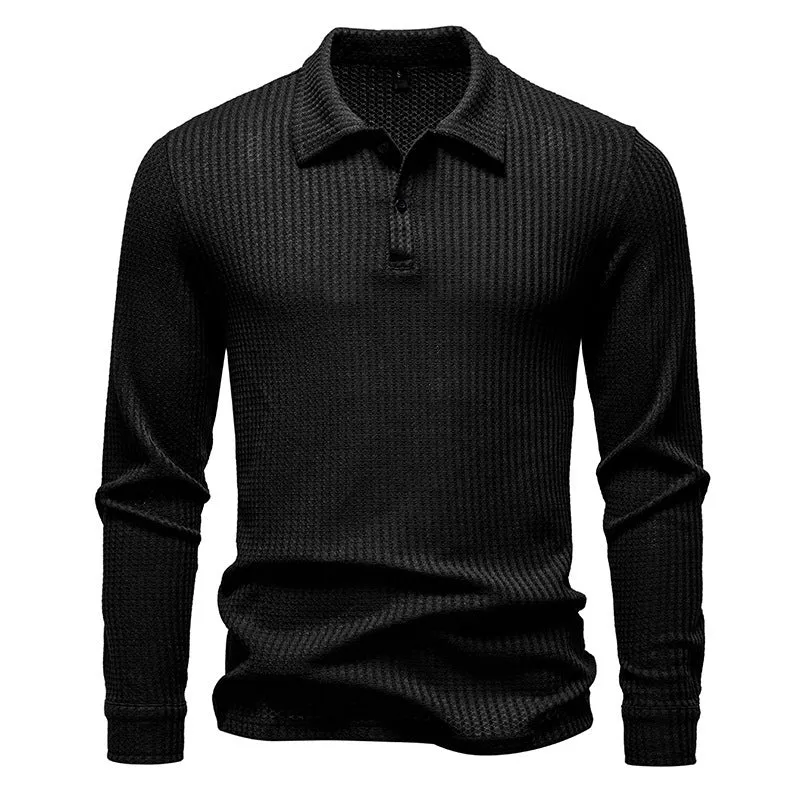 Men's waffle fabric long sleeve lapel t-shirt in black, straight fit pullover