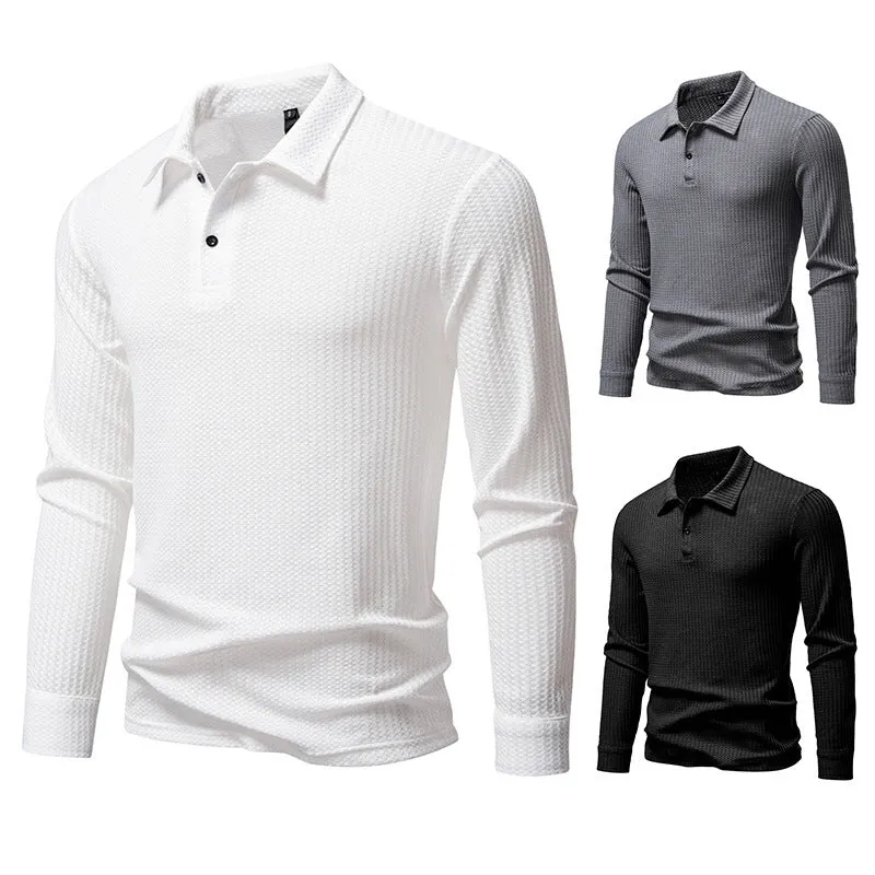 Men's waffle fabric long sleeve lapel t-shirt in black, straight fit pullover
