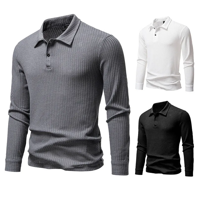 Men's waffle fabric long sleeve lapel t-shirt in black, straight fit pullover