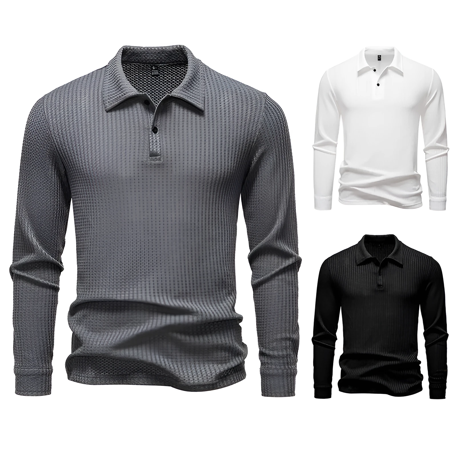 Men's waffle fabric long sleeve lapel t-shirt in black, straight fit pullover