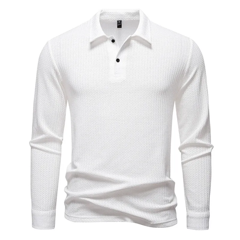 Men's waffle fabric long sleeve lapel t-shirt in black, straight fit pullover
