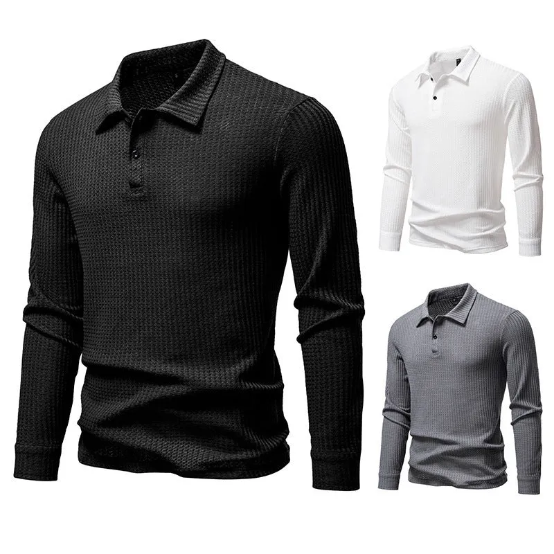 Men's waffle fabric long sleeve lapel t-shirt in black, straight fit pullover