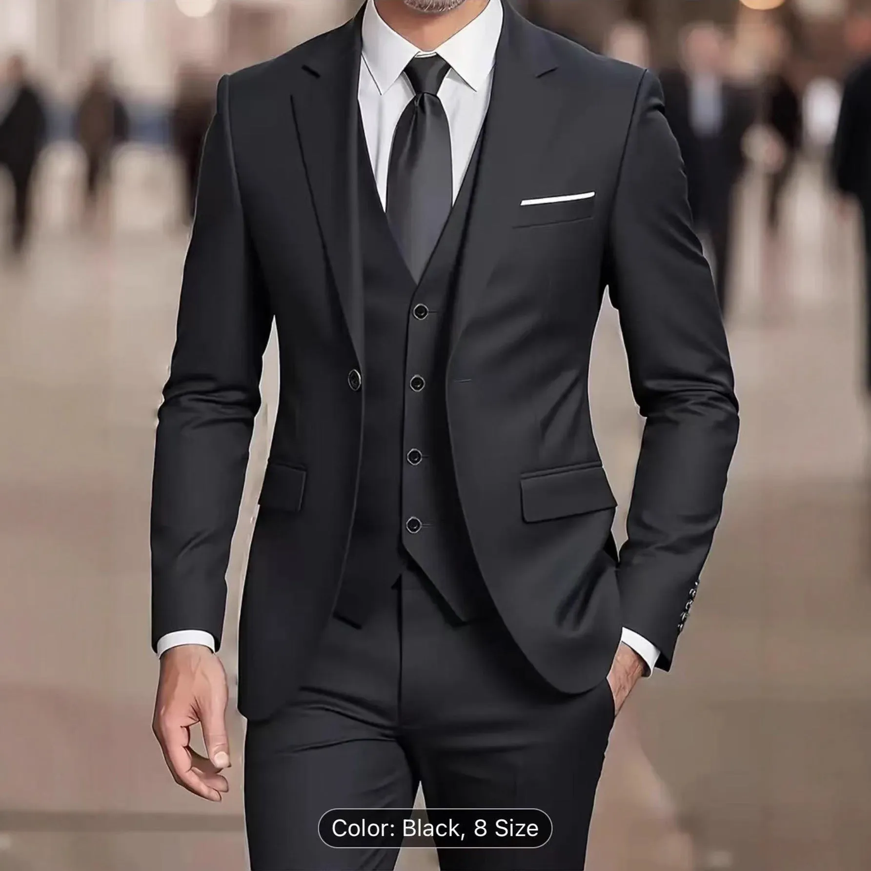 Men's three-piece suit set slim fit polyester formal wear in black, showing coat, vest, and trousers on a hanger