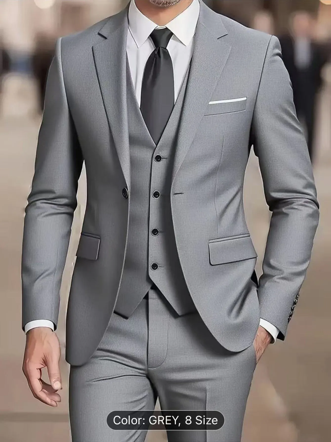 Men's three-piece suit set slim fit polyester formal wear in black, showing coat, vest, and trousers on a hanger
