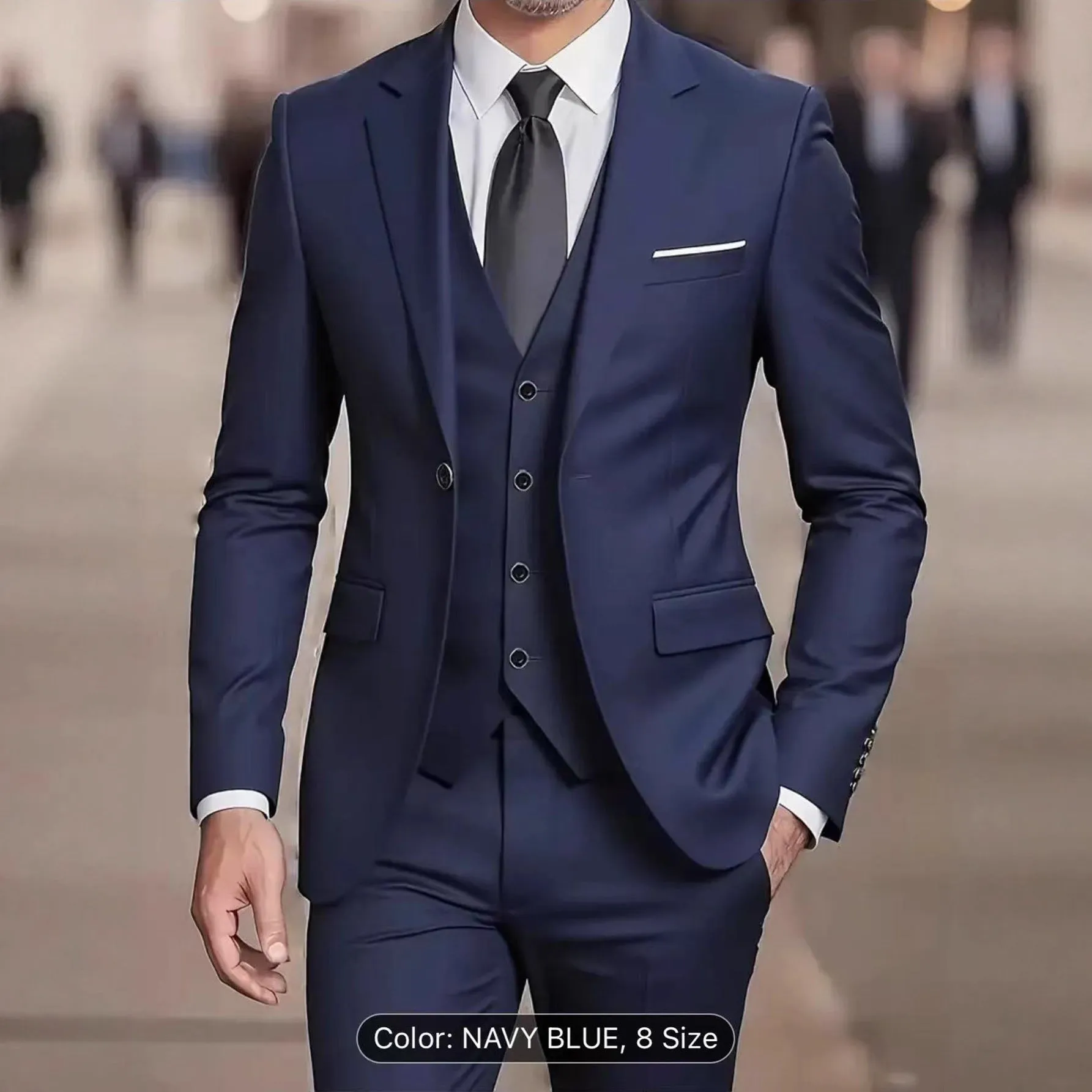 Men's three-piece suit set slim fit polyester formal wear in black, showing coat, vest, and trousers on a hanger