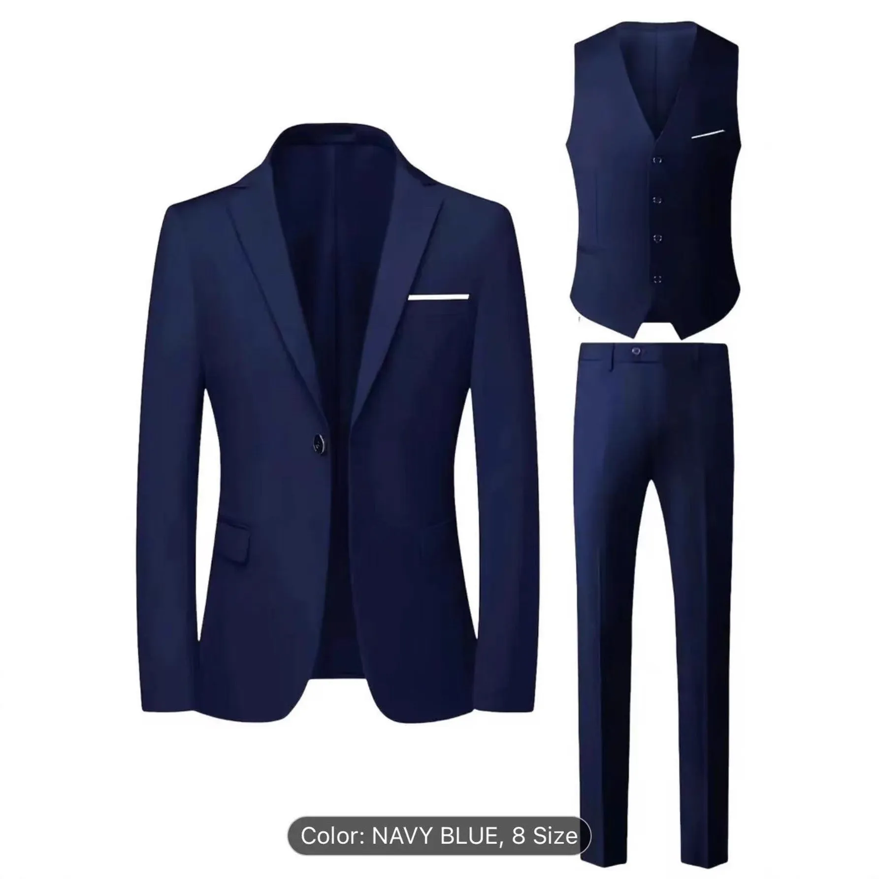 Men's three-piece suit set slim fit polyester formal wear in black, showing coat, vest, and trousers on a hanger