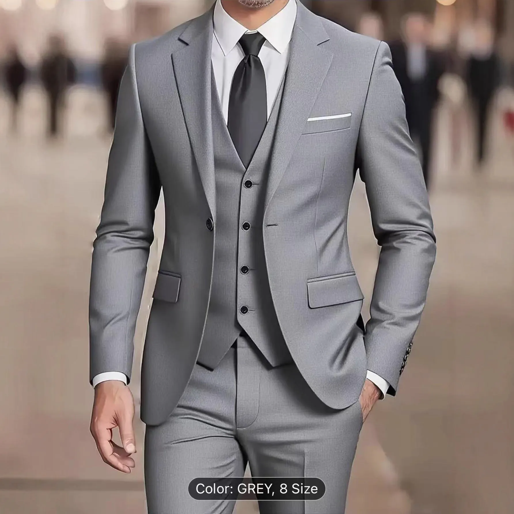 Men's three-piece suit set slim fit polyester formal wear in black, showing coat, vest, and trousers on a hanger