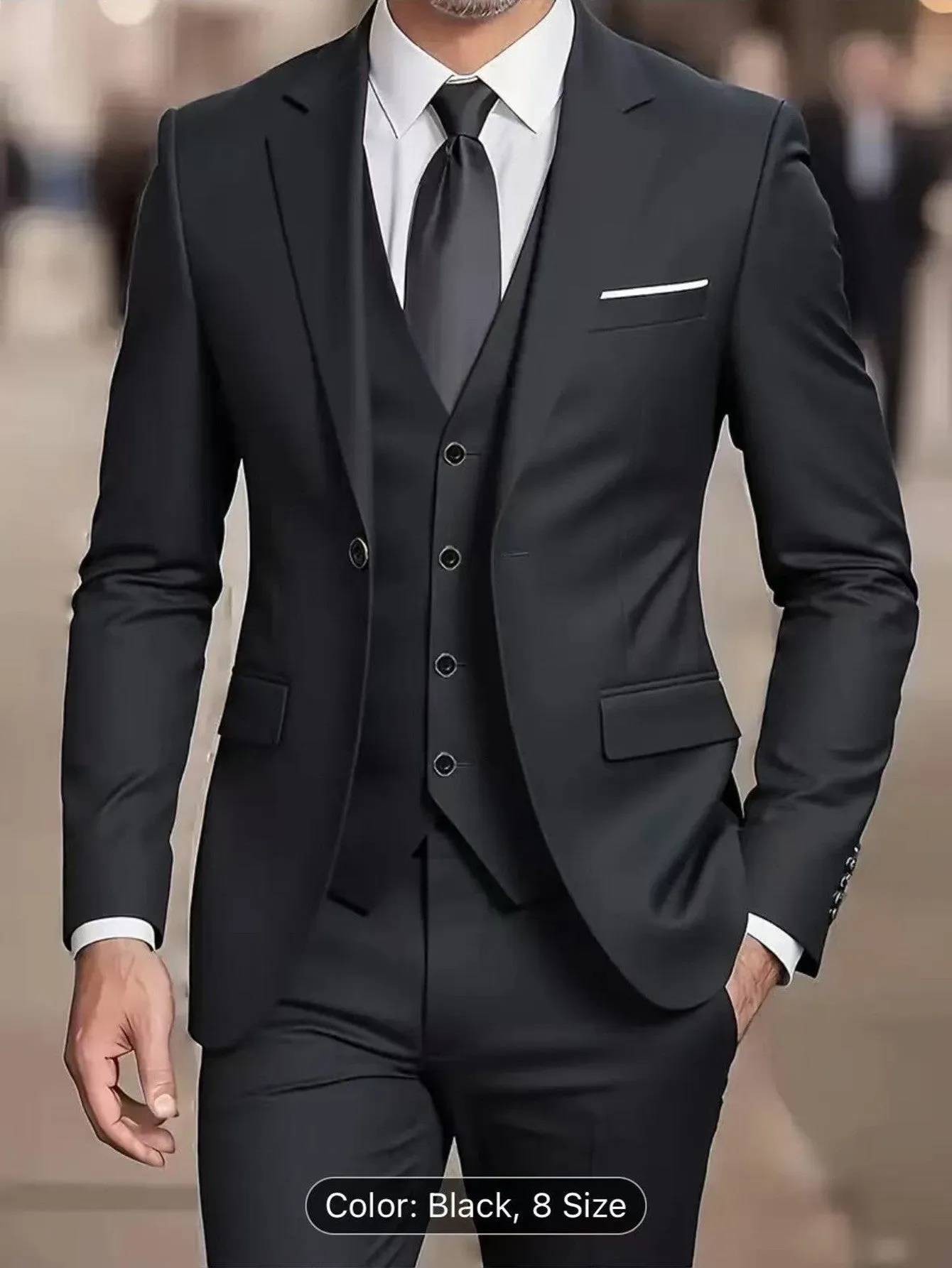 Men's three-piece suit set slim fit polyester formal wear in black, showing coat, vest, and trousers on a hanger