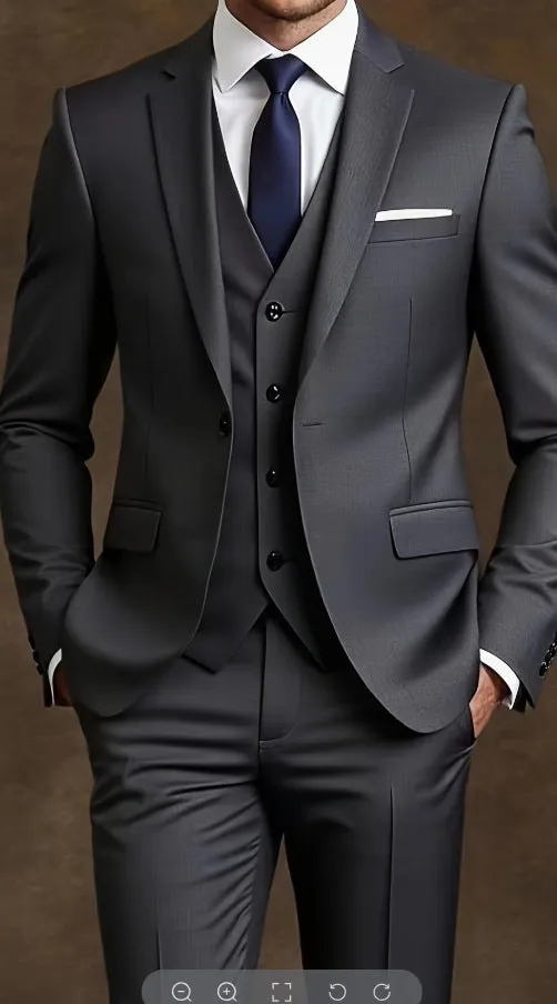 Men's three-piece suit set slim fit polyester formal wear in black, showing coat, vest, and trousers on a hanger