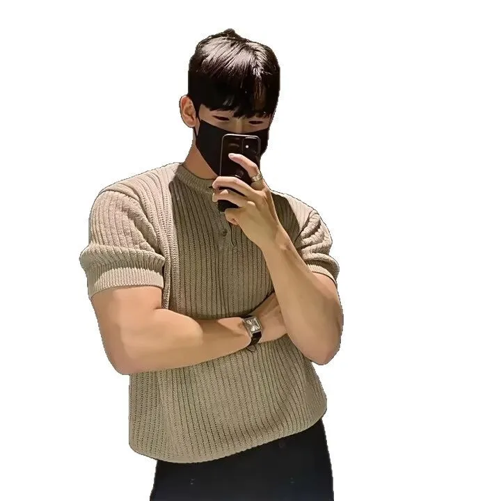 Men's short sleeve vertical stripes ice silk slim fit pullover shirt in black, white, and khaki colours