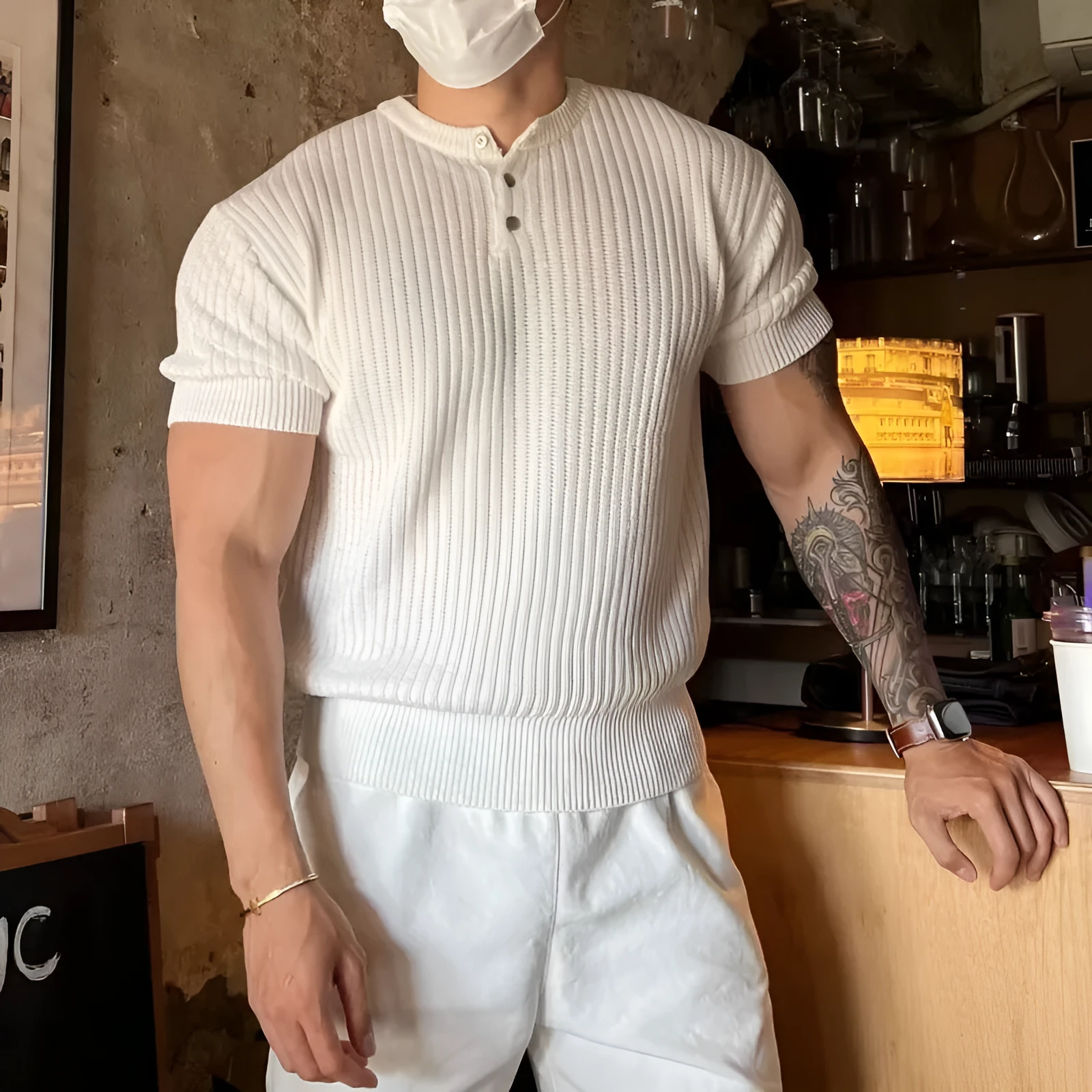 Men's short sleeve vertical stripes ice silk slim fit pullover shirt in black, white, and khaki colours