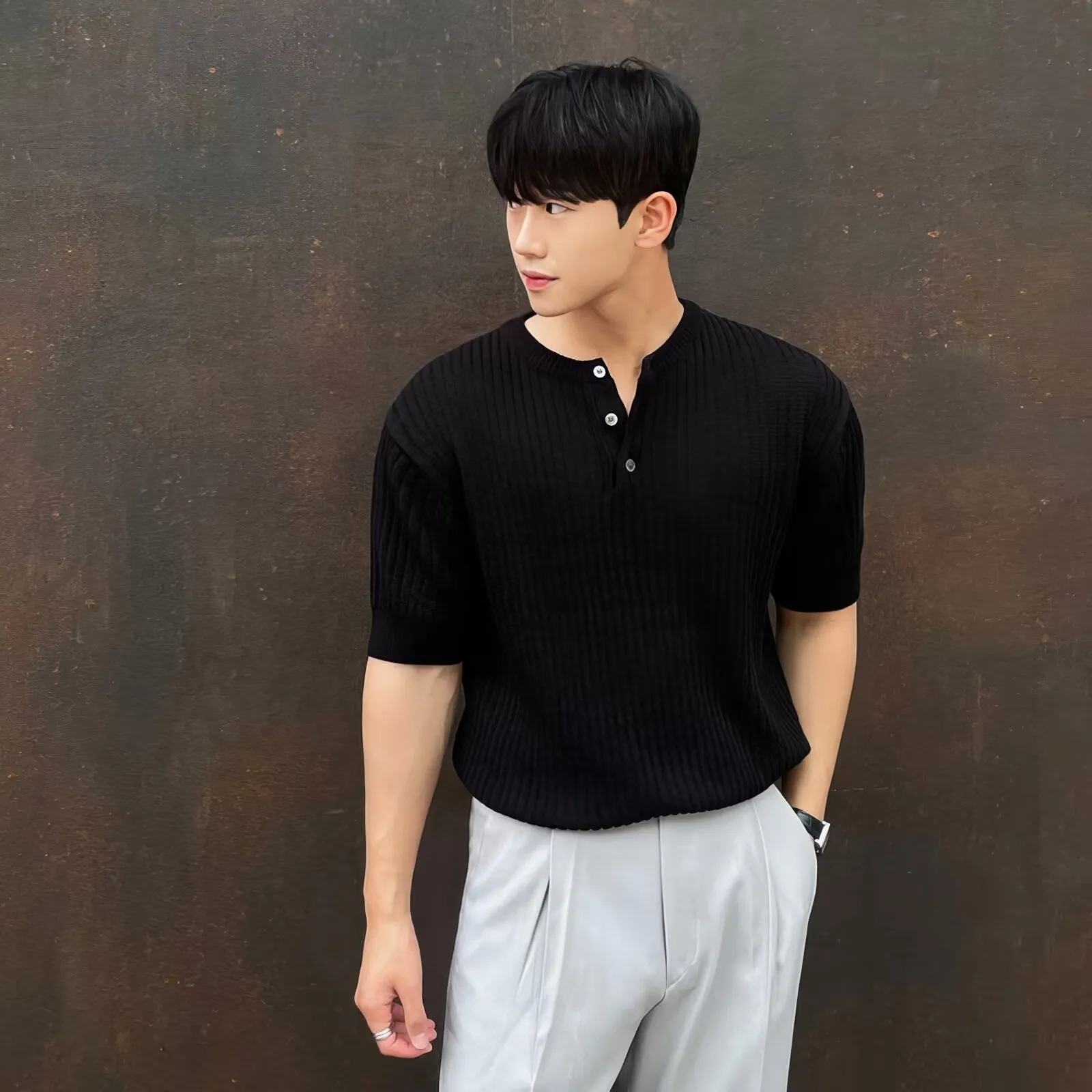 Men's short sleeve vertical stripes ice silk slim fit pullover shirt in black, white, and khaki colours