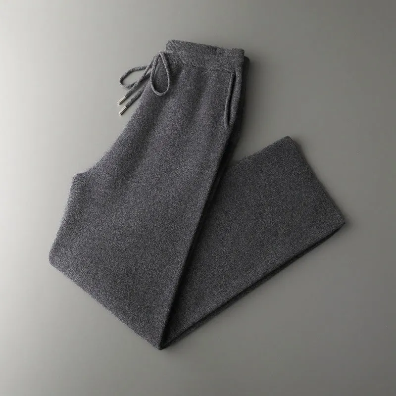 Men's Thickening Wide Leg Pants in Wool Solid Colour Mid-High Waist Drawstring Casual Trousers Available Light Gray Dark Gray Light Camel Black Caramel Cyan S-XXL