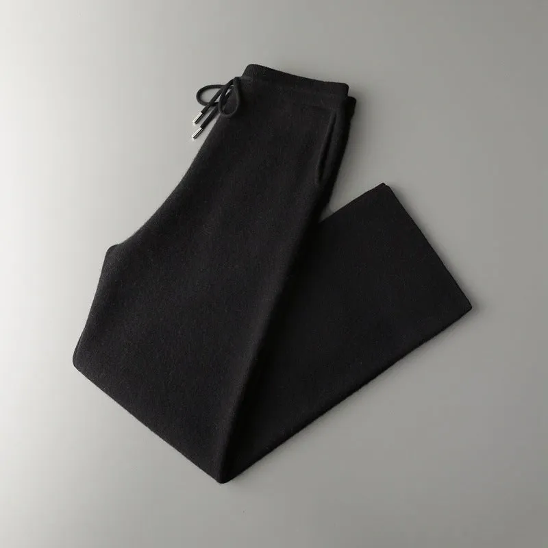 Men's Thickening Wide Leg Pants in Wool Solid Colour Mid-High Waist Drawstring Casual Trousers Available Light Gray Dark Gray Light Camel Black Caramel Cyan S-XXL