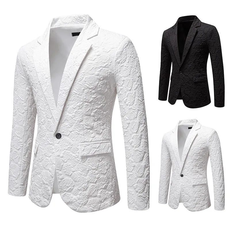 Slim-fit groom suit top in black with bag cover seam pocket, polyester blend, front view on mannequin