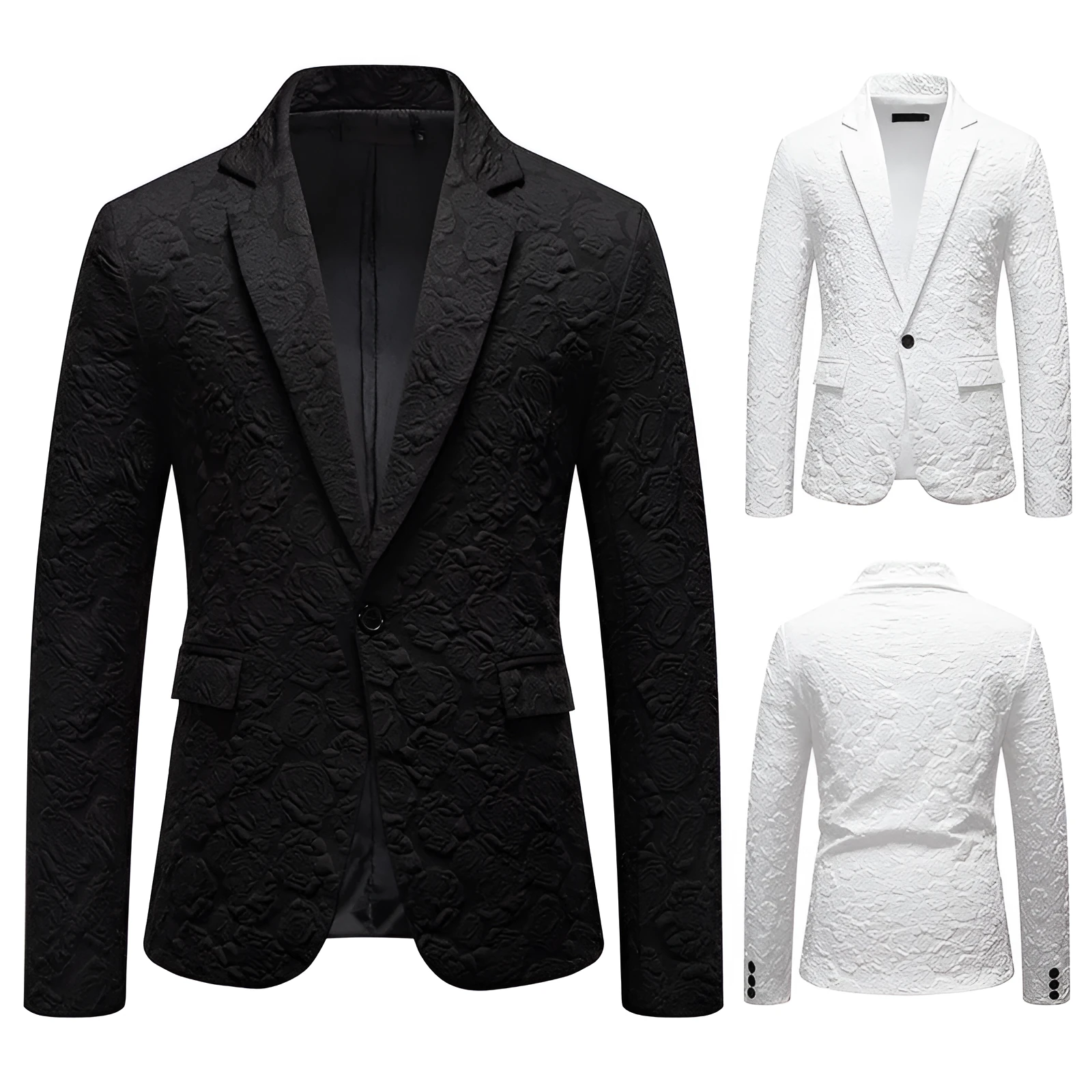 Slim-fit groom suit top in black with bag cover seam pocket, polyester blend, front view on mannequin