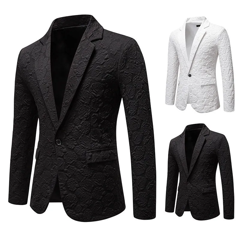 Slim-fit groom suit top in black with bag cover seam pocket, polyester blend, front view on mannequin