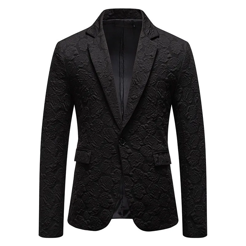 Slim-fit groom suit top in black with bag cover seam pocket, polyester blend, front view on mannequin